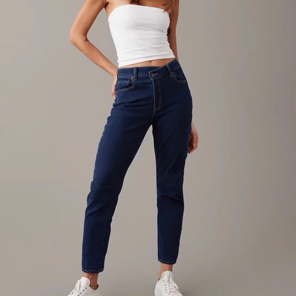 American Eagle Stretch Mom Jeans Crossover Waistband Dark Ink 6 Regular